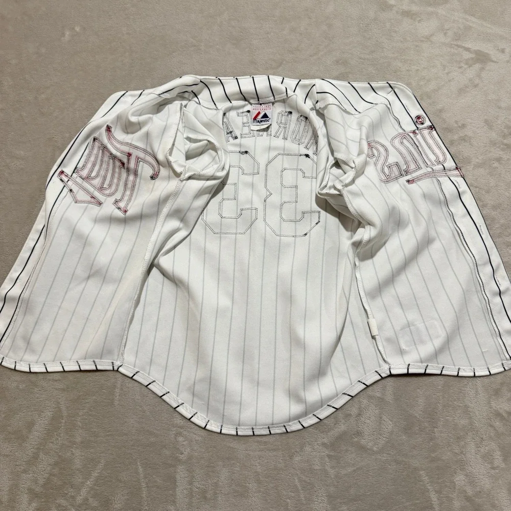 VTG Majestic Minnesota Twins Justin Morneau Jersey Youth M White Pinstripe MLB